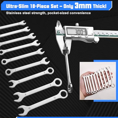 10PCS Super-Thin Mini Wrench Set Standard Metric 4mm-11mm Stainless Steel Ignition Wrenches Open End and Box End Combination Wrench Set for Tight Spaces, Circle Ring, Gate Clip in Pouch - size: Ultra-Thin Metric