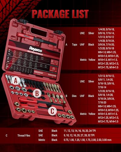 Reywoo 49 PC Thread Chaser Set, Metric and SAE Thread Restorer Tool - size: 49 PC in UNC UNF Metric Sizes