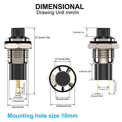Push Button Switch, Self-Locking Mini Switches Latching 10mm Round DC24V 0.5A Black Cap 5PCS - style: black+red