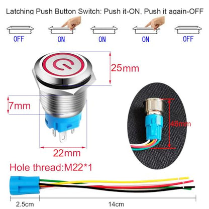 Gebildet 0.87''/22mm Stainless Steel Latching Push Button Switch SPDT 110V-220V/3A Power Symbol LED 1NO 1NC ON/Off Waterproof Toggle Switch with Wire Socket Plug (Red LED) - color: red /110-220V