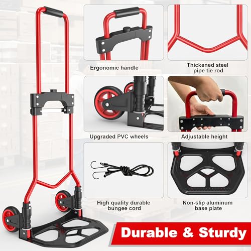 Folding Hand Truck Dolly Cart, 180LBS Portable Aluminum Hand Truck Foldable with Telescoping Handle and Elastic Cord for Luggage, Boxes, Functionality Foldable Dolly for Home, Moving, Black Red - color: Black Red, size: 180 lbs