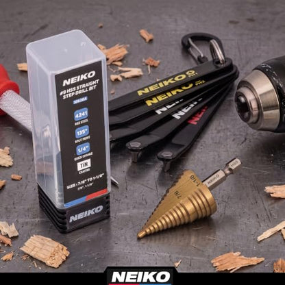 NEIKO 10628A Step Drill Bit, 2 Steps 7/8" to 1-1/8" Straight High Speed Steel, Titanium Nitride Coated, 1/4" Quick Change Step Bits for Steel, Metal, Wood, Plastic, Unibit Cone Drill Bits, Two Flute - size: #9 (7/8 - 1-1/8", 2S), style: Straight