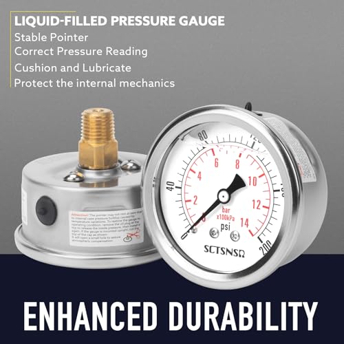 0-200 Psi Pressure Gauge, Liquid Filled, 1/4" NPT Back Mount - size: 0-200 Psi, style: Back Mount