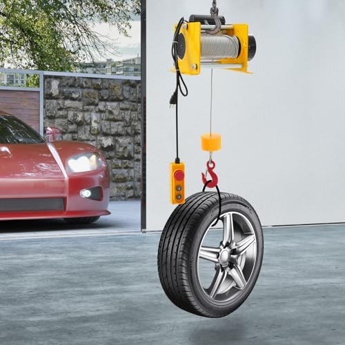 Electric Hoist Winch Portable Electric Hoist with Wired Control, 881lbs Powered Hoists with Long Steel Wire Rope, for Factory, Garage & Warehouse, 98ft Lifting Height, 110V 1000W (Yellow) - color: Yellow