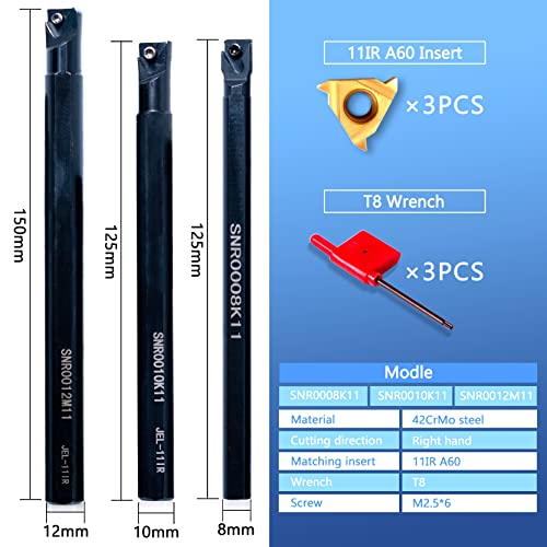 Lathe Turning Holders Threading Holder - Threading Tools Metal Lathe Cutting Tools 3pcs Internal Boring Bars SNR0008K11+SNR0010K11+SNR0012M11 with 3pcs Indexable Carbide Inserts for Lathe Tools - color: 3pcs SNR turning holders+3pcs inserts