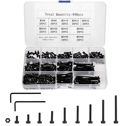 440Pcs Black Alloy Steel M3 Metric Hex Socket Screws with Matching Nuts - color: 440Black