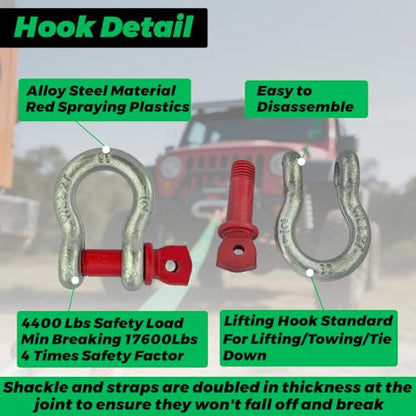HENBOW Heavy Duty Flat Lift Sling with D Ring Shackle,8'X2 Lift Sling Straps 4400 lbs Safety Load，Web Sling for Hoist Car Tree Saver Winch Recovery - size: 2 Inch × 8 FT