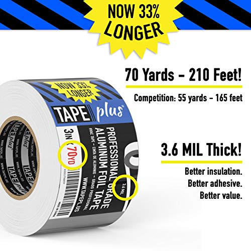 TapePlus Aluminum Foil Tape - Heat-Resistant HVAC Tape - Waterproof Weather Barrier - High-Temp Thermal Seal - 3 in x 210 ft, Silver - size: 3 Inch
