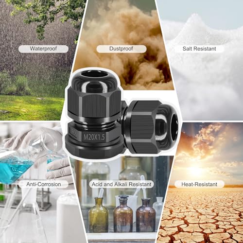 USUPERINK 80PCS Waterproof Cable Glands M20x1.5, Adjustable 6-12mm Black Cable Connectors, IP66 Nylon Compression Gland Kit, 20mm Fitting Hole for Electrical Junction Boxes, Outdoor Use
