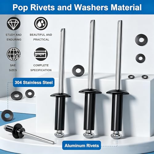 smseace 1000Pcs Black Rivets with 304 Stainless Steel Washers Kit - color: Black Aluminum, size: 1000Pcs