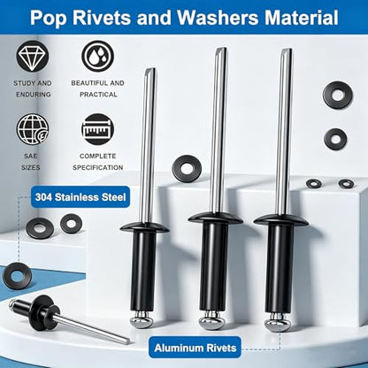 smseace 1000Pcs Black Rivets with 304 Stainless Steel Washers Kit - color: Black Aluminum, size: 1000Pcs