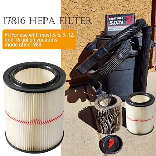 17816 Filter for Craftsman Shop Vac 9-17816 Replacement Filter Fits 5 Gallon and Larger Vacuum Cleaner Wet Dry Air Filter 917816 Filter 2 Pack