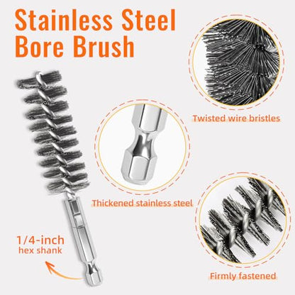 6 PCS Stainless Steel Bore Brush Set, Multiple Sizes (8-19mm), Wire Brush for Drill with 1/4" Hex Shank, Twisted Wire Bristles for Tube Cleaning