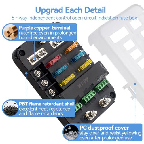 WUPP 12V Fuse Block with Relay, 6 Way Fuse Box with Acc Control, Universal Fuse Block and Relay Kit for Cars Trucks Marine Boat - size: 6 Way with Relay