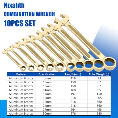 Nixalith 10PCS Non-Sparking Combination Wrench Set,8,10,12,14,17,19,22,24,27,30mm, Aluminum Bronze,Metric,12-Point Spark-free Spanner,Corrosion-resistance,Low-magnetic - color: 10pcs Set