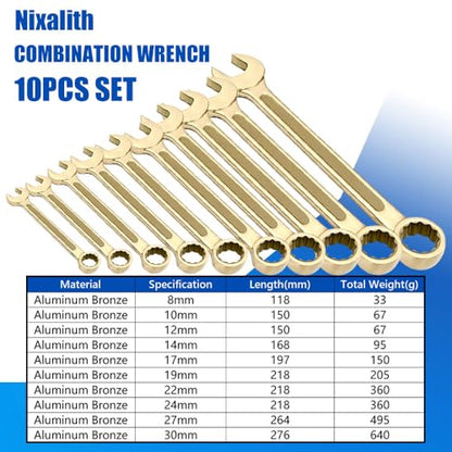 Nixalith 10PCS Non-Sparking Combination Wrench Set,8,10,12,14,17,19,22,24,27,30mm, Aluminum Bronze,Metric,12-Point Spark-free Spanner,Corrosion-resistance,Low-magnetic - color: 10pcs Set