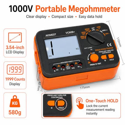 Megohmmeter 1000V Megaohm Meter, AIOMEST Insulation Resistance Tester VC60B - color: orange