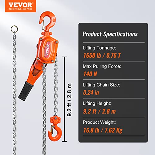 VEVOR Manual Lever Chain Hoist, 3/4 Ton 1650 lbs Capacity 5 FT Come Along, G80 Galvanized Carbon Steel with Weston Double-Pawl Brake, Auto Chain Leading & 360° Rotation Hook, for Garage Factory Dock - size: 3/4 Ton 5FT