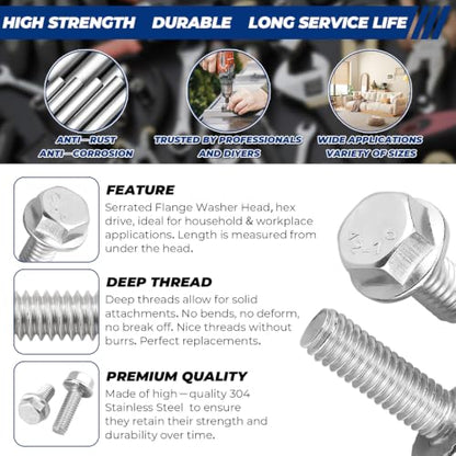 1/4-20 x 1-1/2" Flanged Hex Bolts (20 pcs), 18-8 (304) Stainless Steel, External Hex Drive, Hexagon Head Bolts Screws with Flange Washer, Fayeploo - color: Silver, size: 1/4-20 x 1-1/2