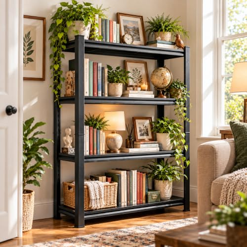 Metal Book Shelf, Adjustable Tall Bookcase, No Assembly Storage Shelves - size: 4Tier-35.4"Wx 15.7"Dx 54.3"H