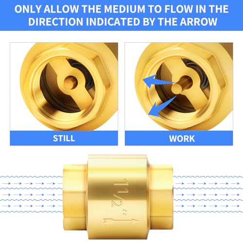 ChillWaves Brass In-Line Spring Check Valve 1-1/2" NPT Female Thread, One-Way Non-return Vertical Check Valve for Backflow Prevention(1-PACK) - size: 1-1/2" FNPT