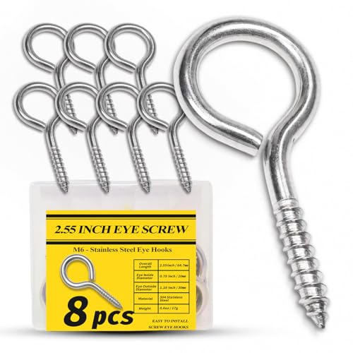 2.55 Inch Size - M6 304 Stainless Steel Heavy Duty Screw Eye Hooks