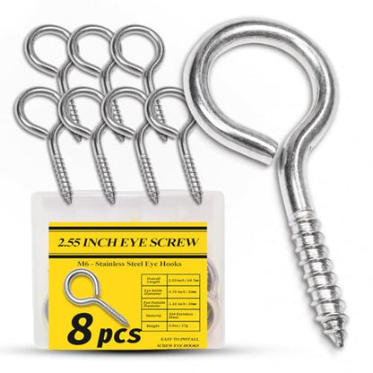 2.55 Inch Size - M6 304 Stainless Steel Heavy Duty Screw Eye Hooks