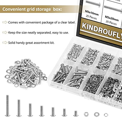 562 Pieces M3 x 4/6 /8/10 /12/16 /20mm Button Head Socket Cap Screws Nuts Washers Assortment Kit, 304 Stainless Steel, Fully Machine Thread - size: M3, style: Button Head