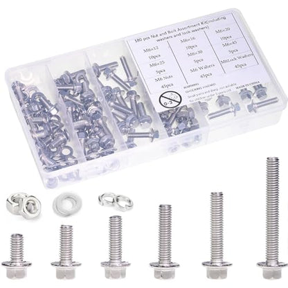 M6-1.0 x 12/16/20/30/45 Flange Hex Bolt Assortment Kit, 180pcs Stainless Steel Metric Flange Head Bolts and Nuts Set. - size: M6, style: Flange Head