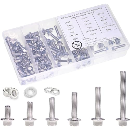 M6-1.0 x 12/16/20/30/45 Flange Hex Bolt Assortment Kit, 180pcs Stainless Steel Metric Flange Head Bolts and Nuts Set. - size: M6, style: Flange Head