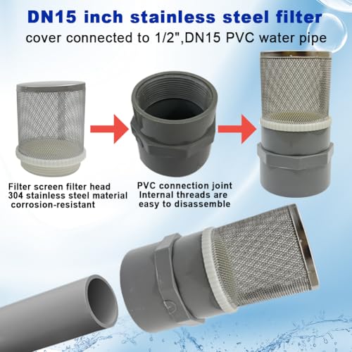 1/2" inch stainless steel filter cover connected to 1/2" grey pvc filter DN15 water pipe, suction strainer used to remove debris and reduce solid entry(1pcs) - size: 1/2"DN15