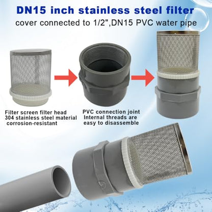 1/2" inch stainless steel filter cover connected to 1/2" grey pvc filter DN15 water pipe, suction strainer used to remove debris and reduce solid entry(1pcs) - size: 1/2"DN15