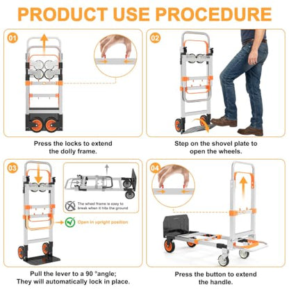 3 in 1 Aluminum Folding Hand Truck Dolly Cart Trolley with Wheels (Orange) - color: Orange Silver