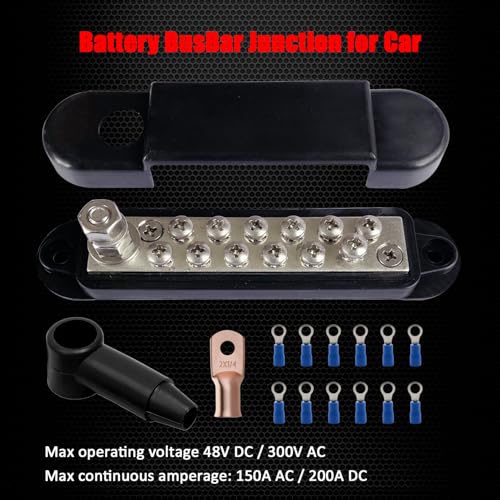 Ampper 1/4" Stud Power Distribution Block Bus Bar 12 x #8 Screw Kit, Black - color: Black, size: Plated Brass Kit