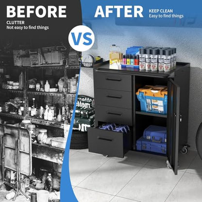 Mobile Tool Storage Cabinet with 4 Drawer and 1 Locking Doors - color: Black, style: 1 door 4 drawer with wheels