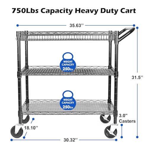 WDT Heavy Duty 3 Tier Utility Cart,Wire Rolling Cart with Wheels, Commercial Grade Service Cart with Shelving Liners and Handle Bar Metal Carts for Kitchen Office Hardware - color: 750lbs Capacity Black