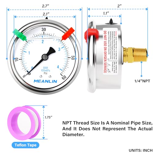 MEANLIN MEASURE 0~60Psi Liquid Filled Pressure Gauge 1/4" NPT 2.5" FACE DIAL Stainless Steel Glycerin Filled WOG Water Oil Air Back Mount (with 2PCS Snaps) - size: 0-60Psi
