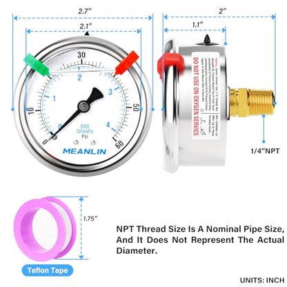 MEANLIN MEASURE 0~60Psi Liquid Filled Pressure Gauge 1/4" NPT 2.5" FACE DIAL Stainless Steel Glycerin Filled WOG Water Oil Air Back Mount (with 2PCS Snaps) - size: 0-60Psi