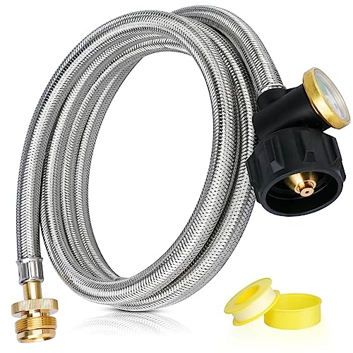 6 FT Propane Hose Adapter 1lb to 20lb Converter with Gauge, Stainless Steel Braided Buddy Heater Propane Hose Compatible with Portable Heaters, Tabletop Griddle, Coleman Stoves, Weber Q Grills