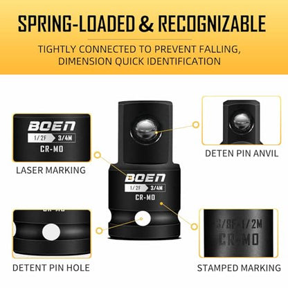 BOEN 10-Piece Impact Socket Adapter and Reducer Set, Standard SAE 1/4" 3/8" 1/2" 3/4", CR-MO Steel Driver & Wrench Conversion Kit Socket Reducer with 3/8" & 1/2" Universal Joint - size: 10 Piece