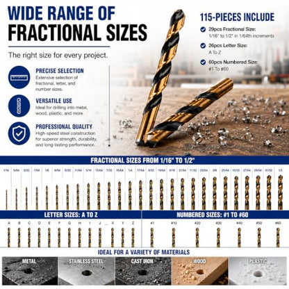 Stark USA 115-Piece High-Speed Steel Drill Bit Set, HSS Jobber Length Twist Bits 1/16"–1/2", Fractional Drill Bits for Metal, Stainless Steel, Cast Iron, Wood & Plastic, Indexed Case - size: 115 PCS Set HSS