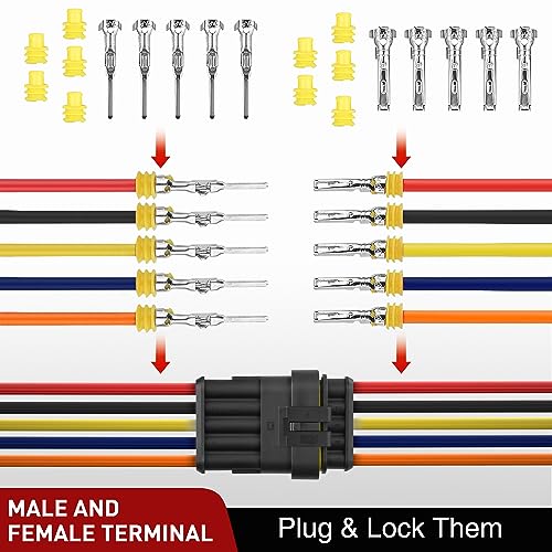 Nilight 220PCS 5 Pin Electrical Connector ‎Plug with Male Female Terminals - size: 5Pin Connector 200Pcs
