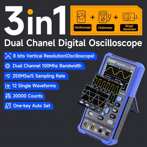 Digital Handheld Oscilloscope Multiumeter 3 in 1,2 Channels, 100MHz Bandwidth, 500MS/s Sample Rate, 3.5" LCD Multiumeter Signal Generator Digital Oscilloscope Multimeter,Lab Oscilloscope HDS2102S - style: HDS2102s
