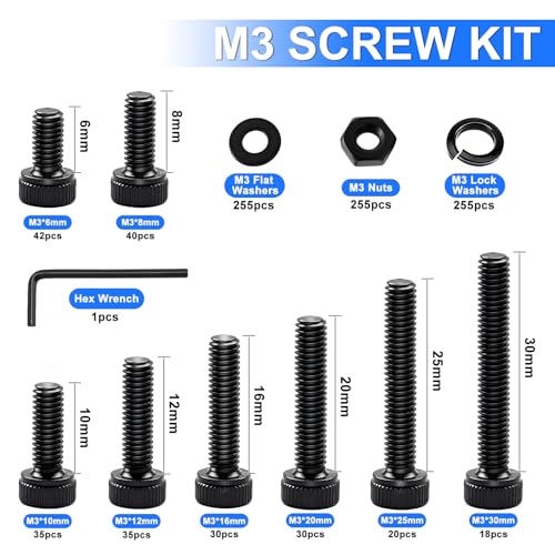1015PCS M3 Screws Kit, M3x6/8/10/12/16/20/25/30mm Hex Socket Head Cap Screws Bolts Nuts Washers Kit, 12.9 Grade Alloy Steel Metric Machine Screw for 3D Printing - color: BK-M3 x 6-30mm