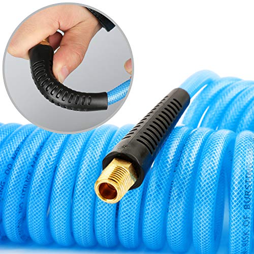 1/4 Coiled Air Hose, Polyurethane Material, 1/4 Inch MNPT Swivel Brass Fittings with Bend Restrictors, 20 Feet Air Compressor Hose - size: 1/4''×20ft
