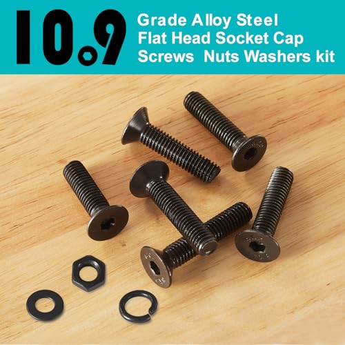 70 PCS M8 x 30mm 35mm 40mm 45mm 50mm, Flat Head Hex Socket Cap Screws Countersunk Bolts Washers Nuts Assortment Kit, 10.9 Grade Alloy Steel, Black Oxide Finish, Metric Allen Drive - size: M8x30/35/40/45/50 mm