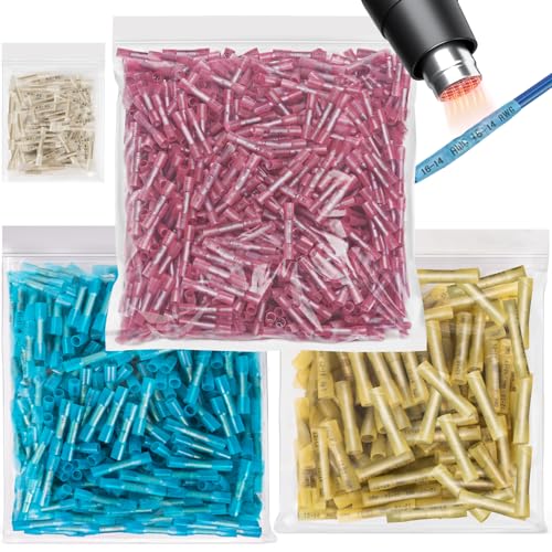 1500 PCS Heat Shrink Butt Connectors, 16-14 AWG 22-16 AWG 12-10 AWG 26-24 AWG Marine Grade Waterproof Electrical Insulated Crimp Wire Splice for Boats, Automotive, Marine, Home, Industrial Wiring - size: Mix 1500 PCS