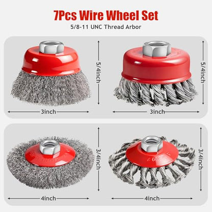 7 Pack Wire Wheel for Angle Grinder, 5/8-11UNC Threaded Arbor Wire Brush, Heavy-Duty for Rust Removal, Paint Stripping & Wood Polishing, Compatible with 4 1/2" Angle Grinder