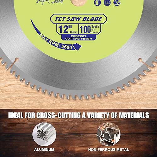 12 Inch 100T Aluminum Non-Ferrous Metal Cutting Circular Saw Blade with 1 Inch Arbor, TCG, Miter/Table Saw Blade - style: for Aluminum 12" 100T