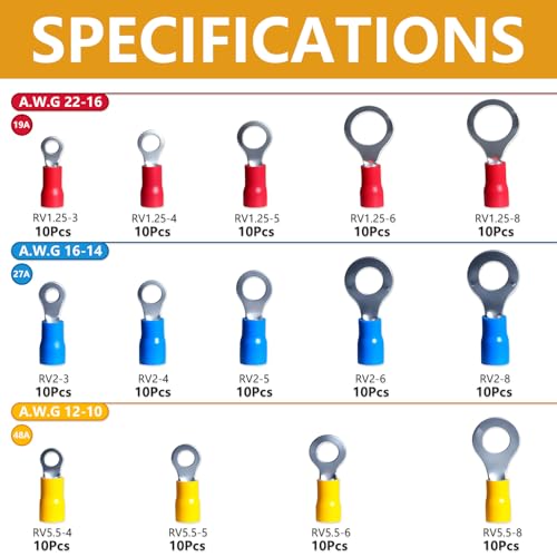 14Sizes Ring Terminal Kit #4#8#10 1/4 5/16 Ring Terminals 22-16 16-14 12-10 AWG Insulated Crimp Electrical Wire Eyelets Connectors (Pack of 140PCS)